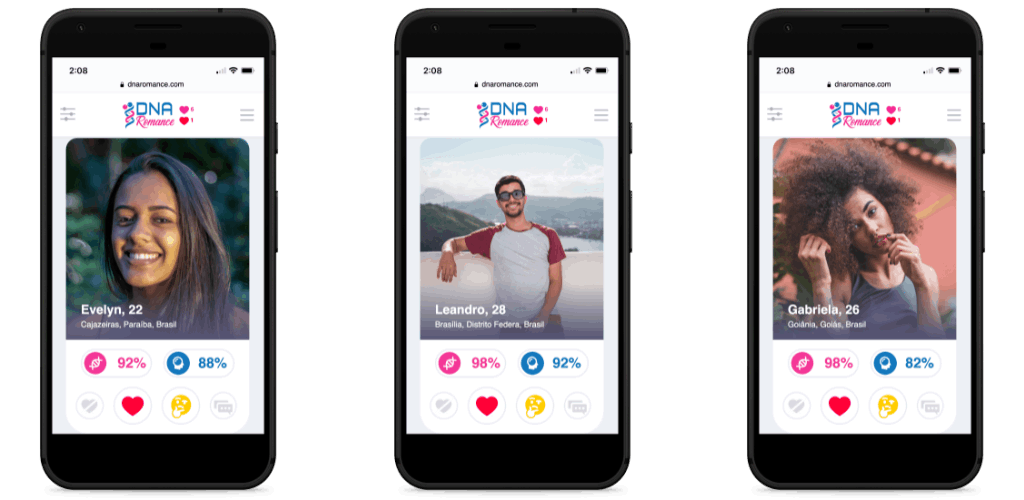 Aplicativo de namoro DNA Romance em três telefones