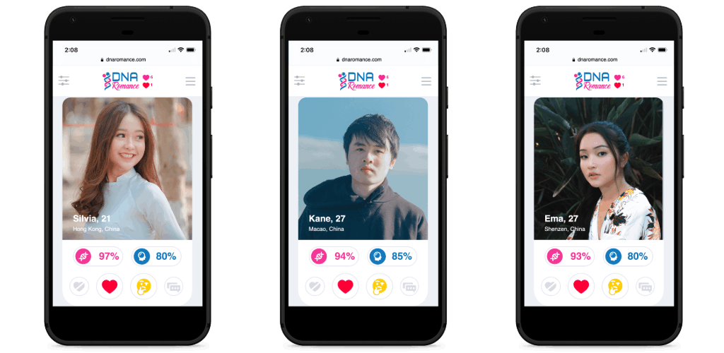 DNA Romance dating app on three phones